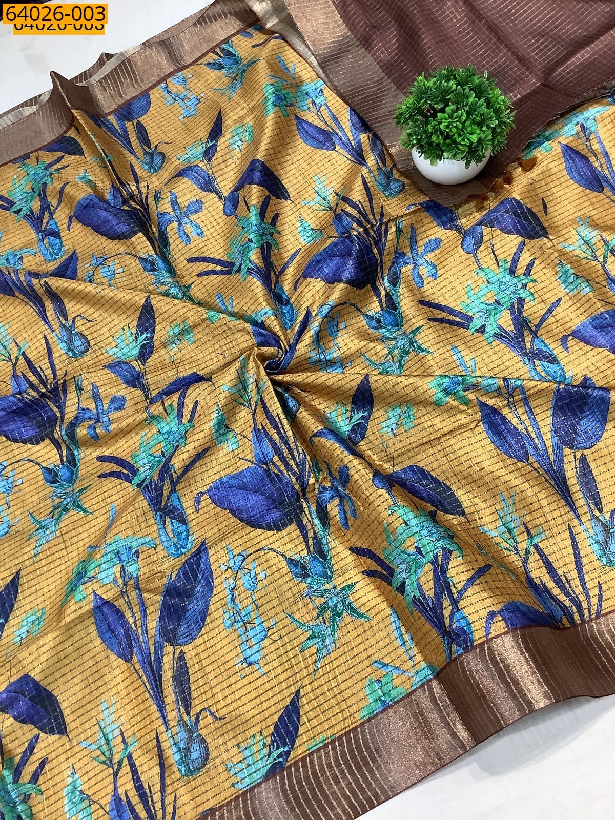 Yellow Checked Floral Silk Saree