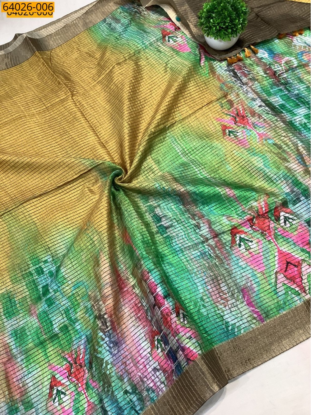 Yellow With Green Checked Floral Silk Saree