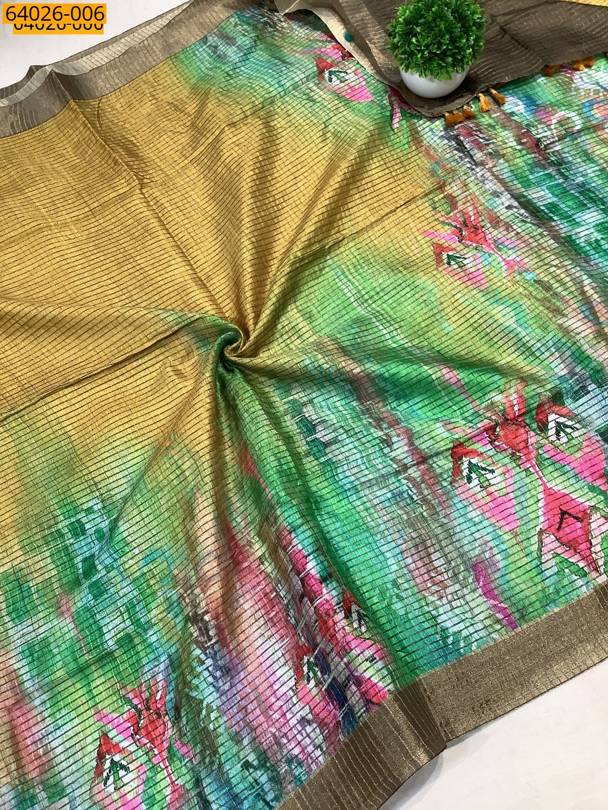 Yellow With Green Checked Floral Silk Saree