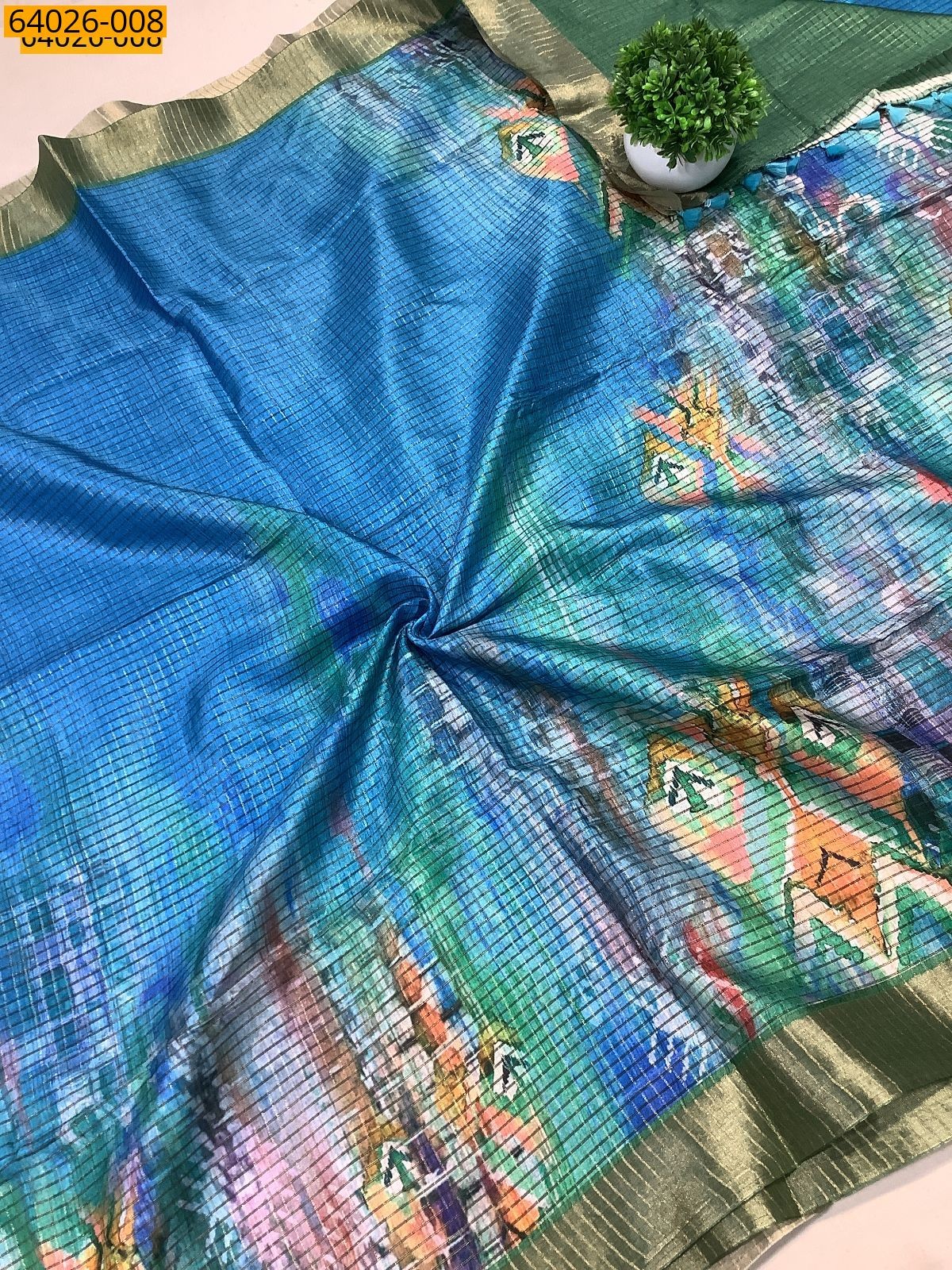 Sky Blue Checked Floral Silk Saree