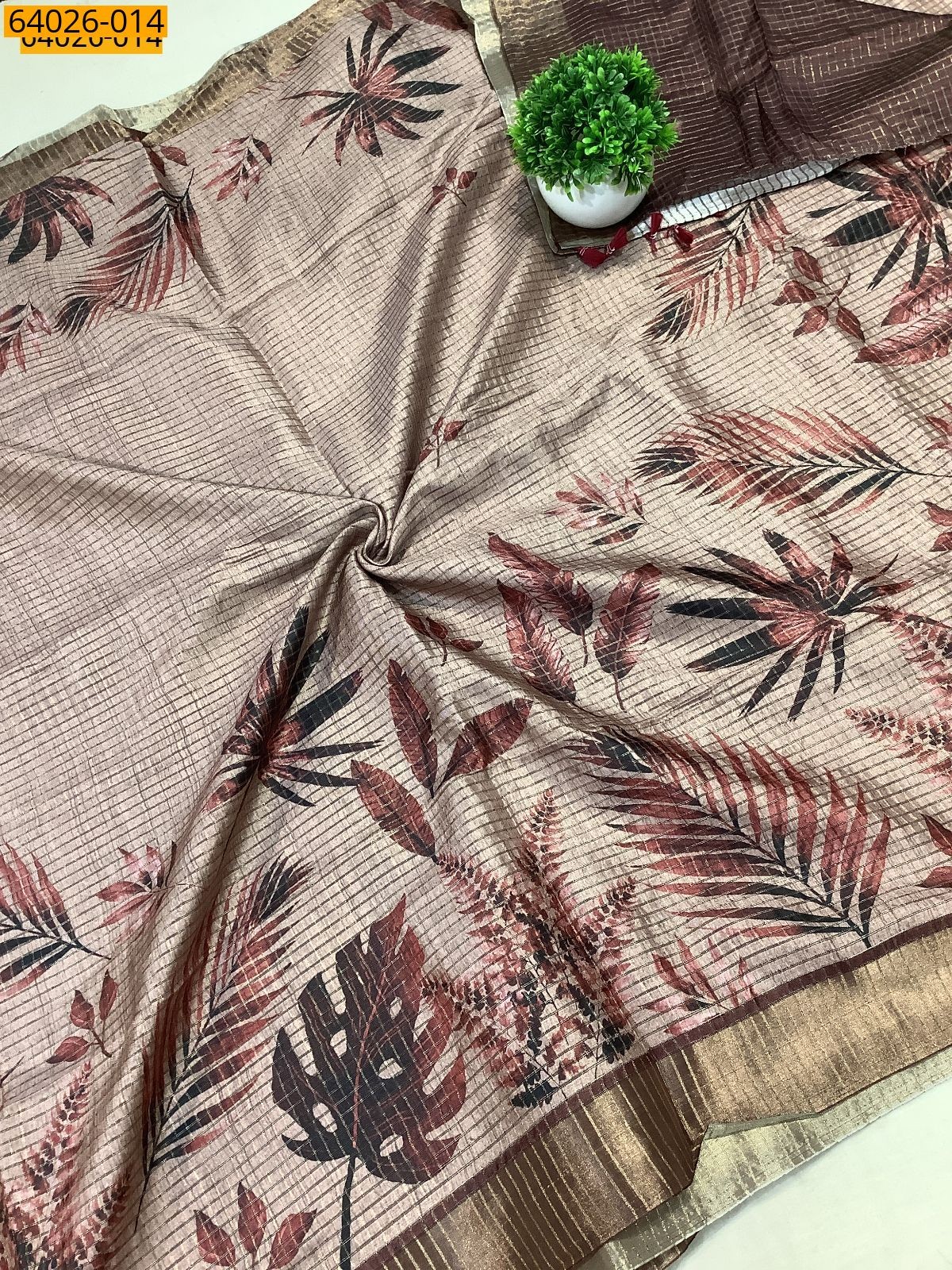 Brown Checked Floral Silk Saree