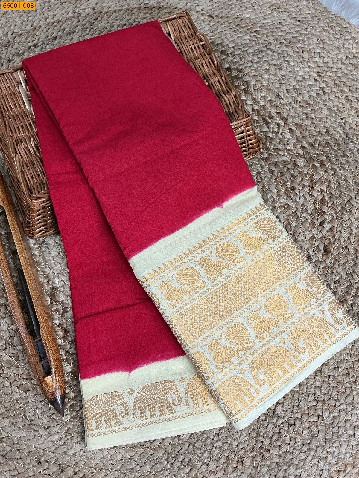 Red Mayuri Plain Sugudi Cotton Saree