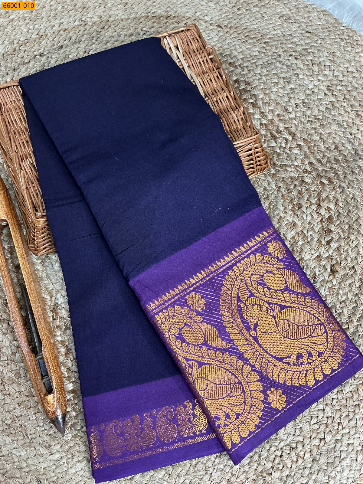 Dark Navy Blue Mayuri Plain Sugudi Cotton Saree