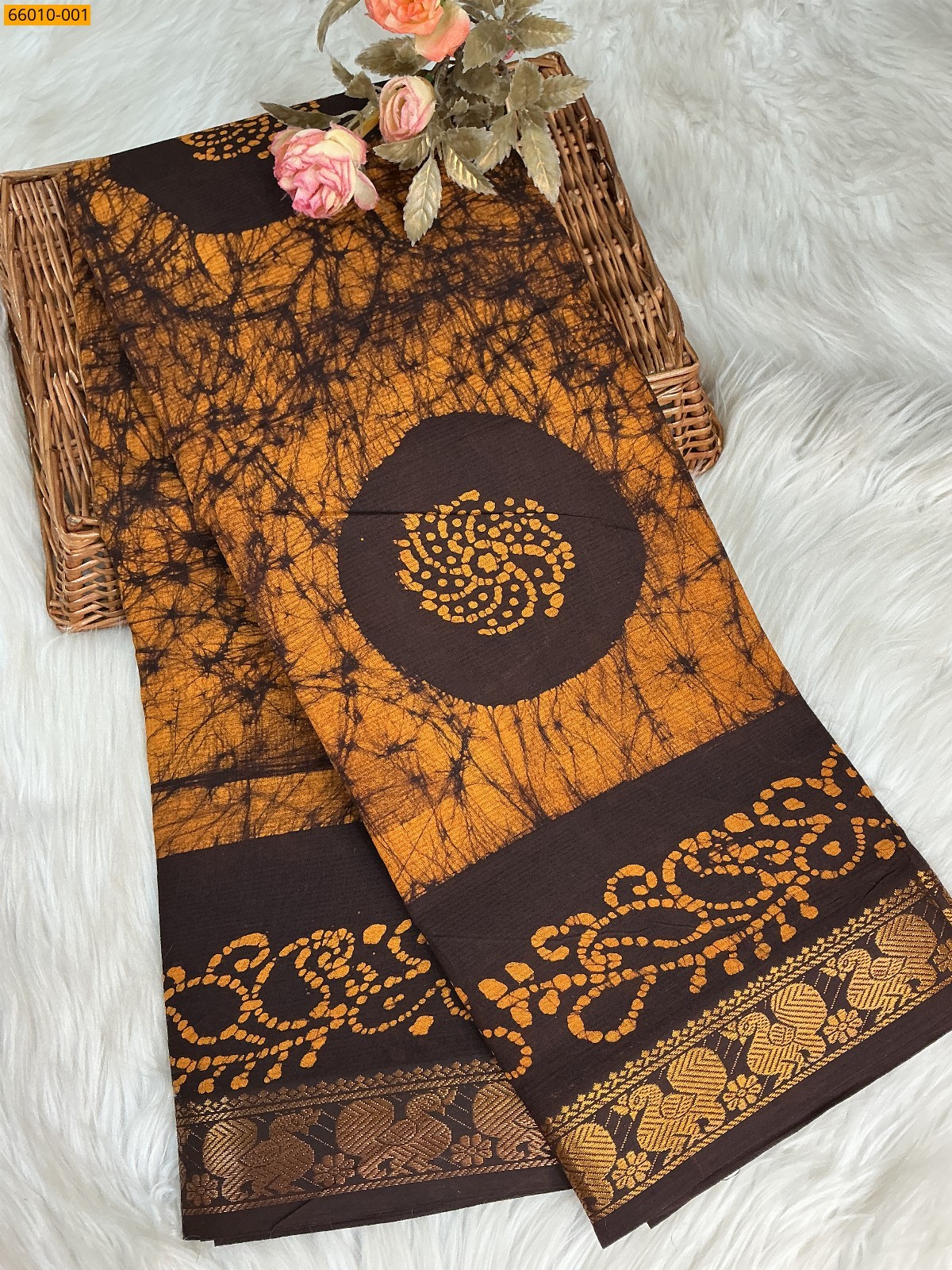 Brown Sungudi Cotton wax printed saree