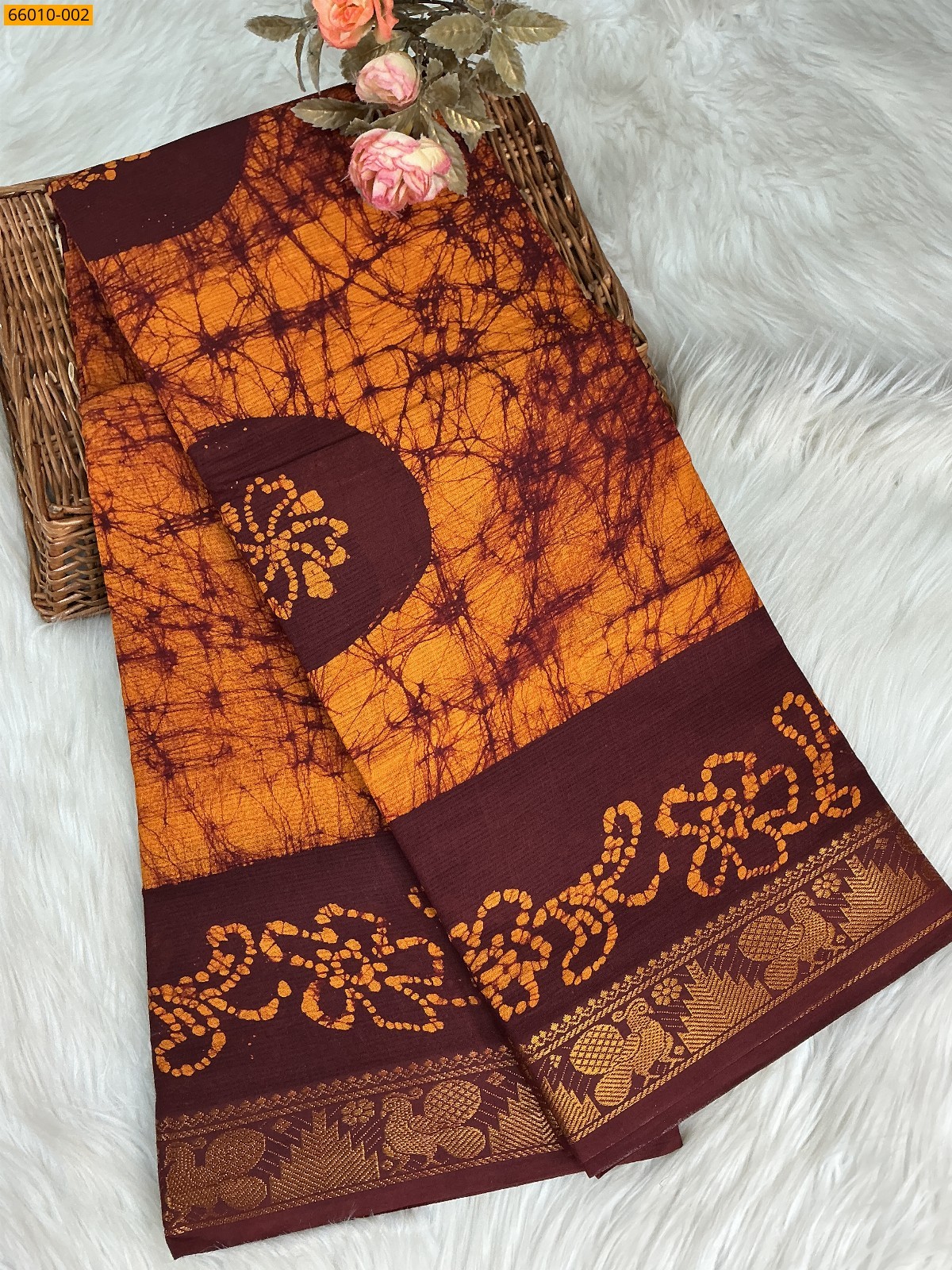 Rust Orange Sungudi Cotton wax printed saree