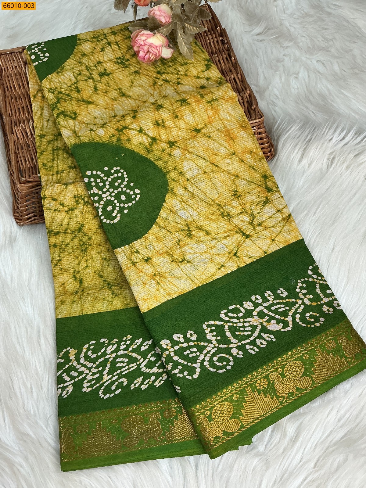 Olive Green Sungudi Cotton wax printed saree