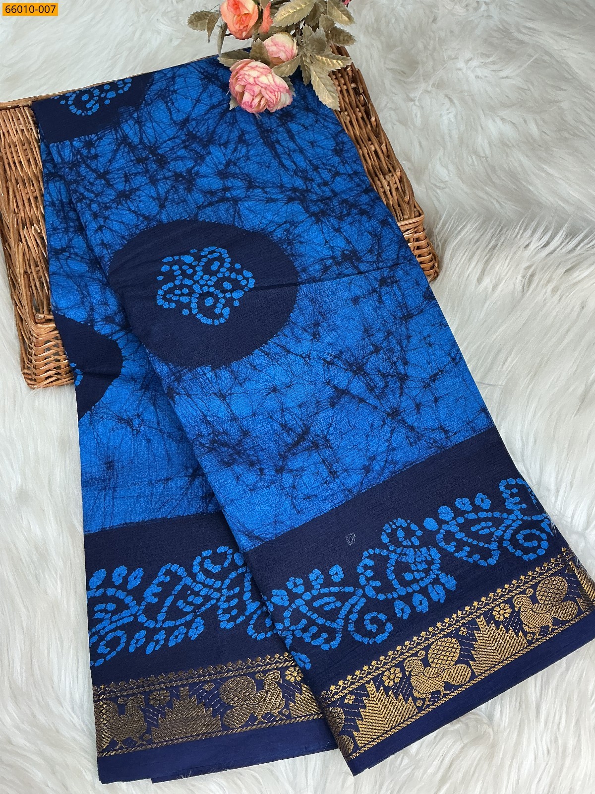 Blue Sungudi Cotton wax printed saree