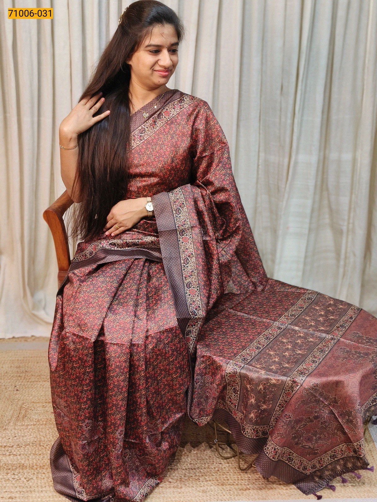 Maroon Kalamkari Soft Linen Silk Saree