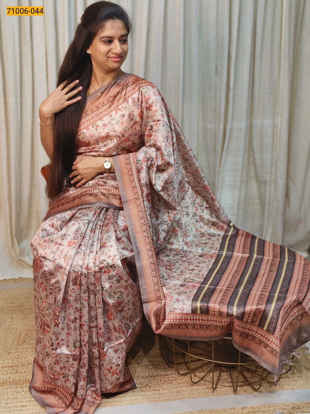 Brown Kalamkari Soft Linen Silk Saree