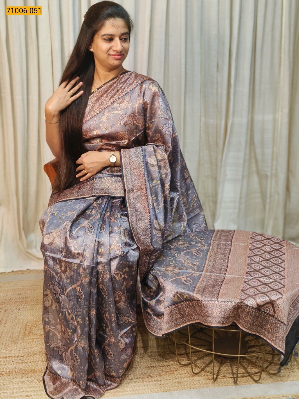 Gray Kalamkari Soft Linen Silk Saree