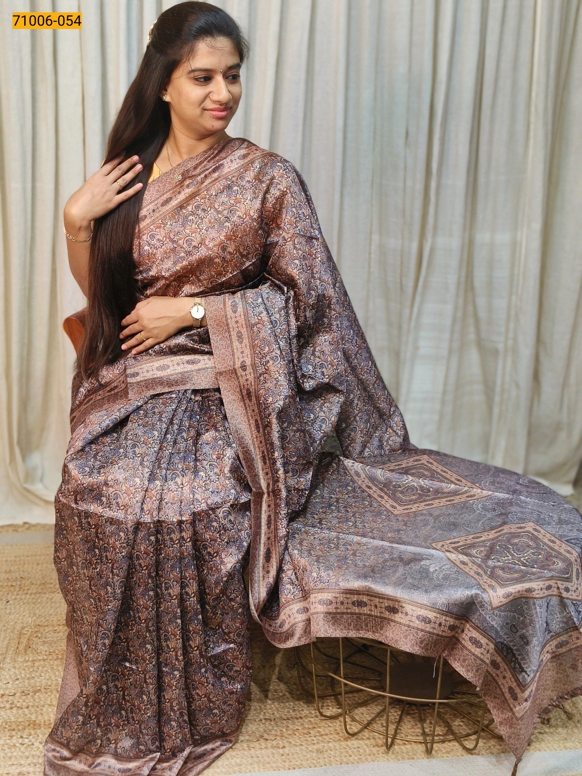 Brown With Green Kalamkari Soft Linen Silk Saree