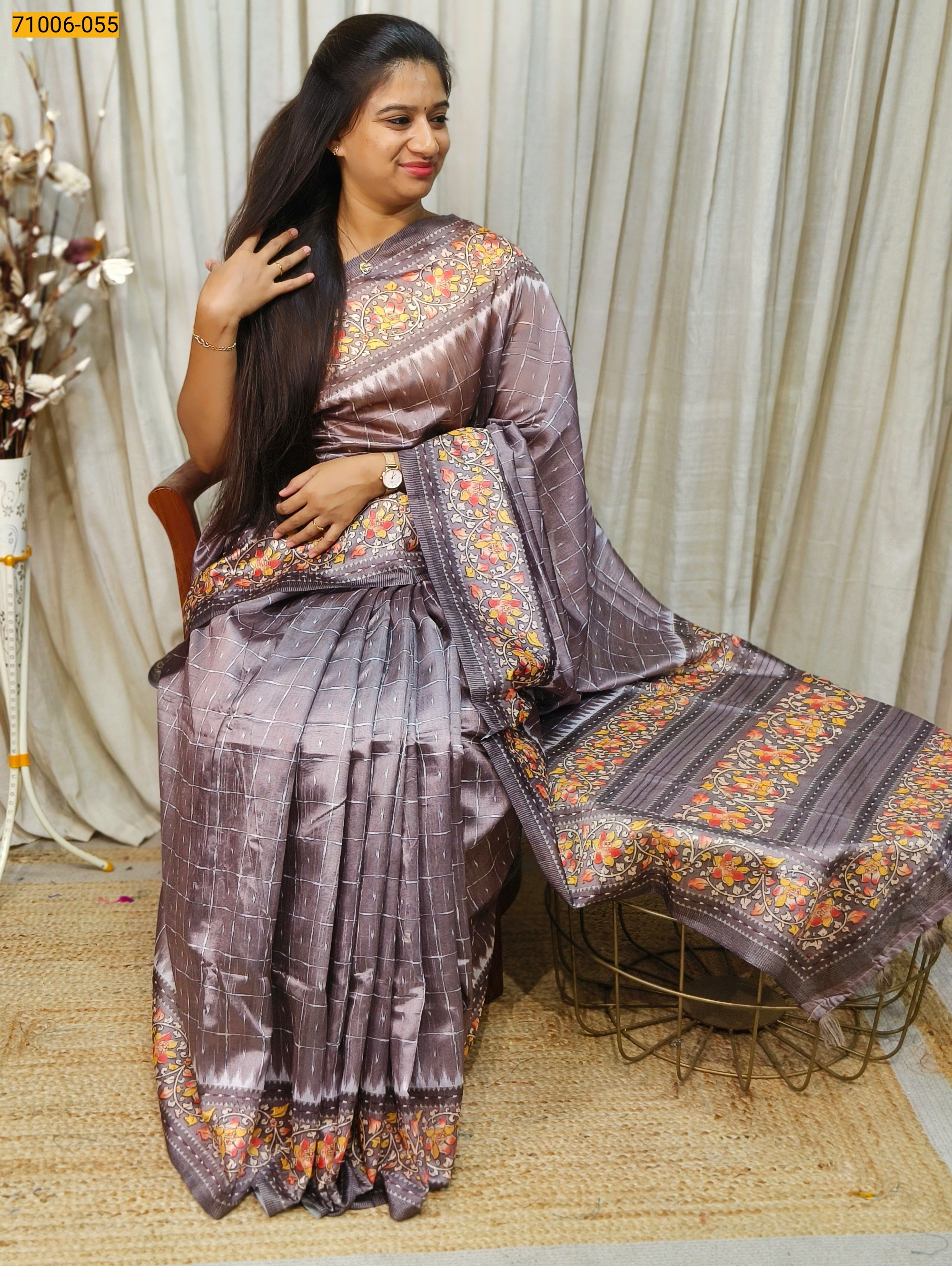 Brown Kalamkari Soft Linen Silk Saree