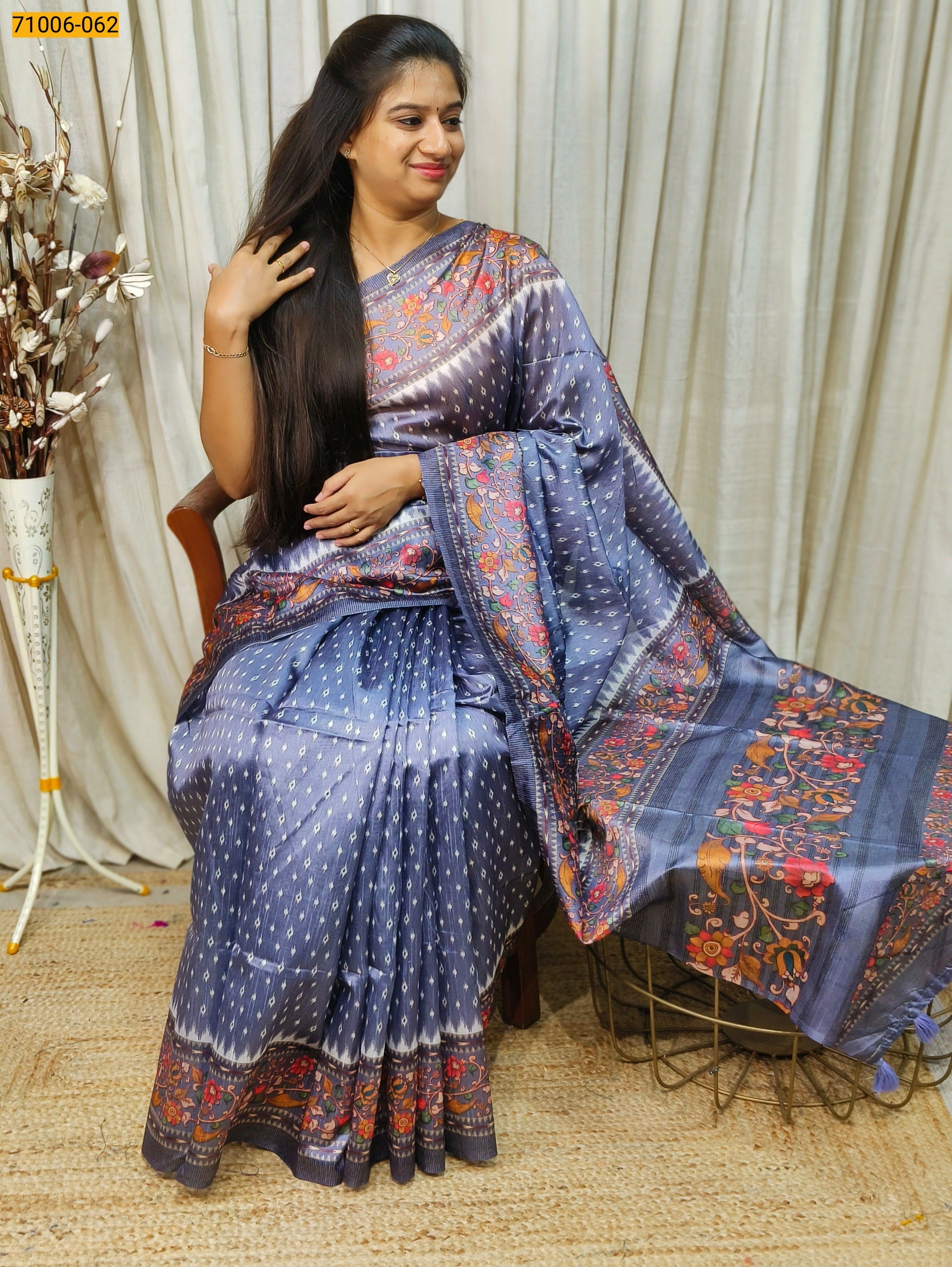 Gray Kalamkari Soft Linen Silk Saree