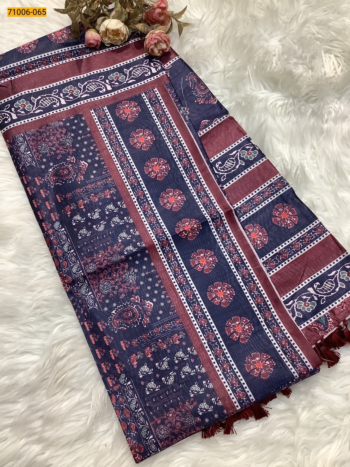 Navy Blue Kalamkari Soft Linen Silk Saree