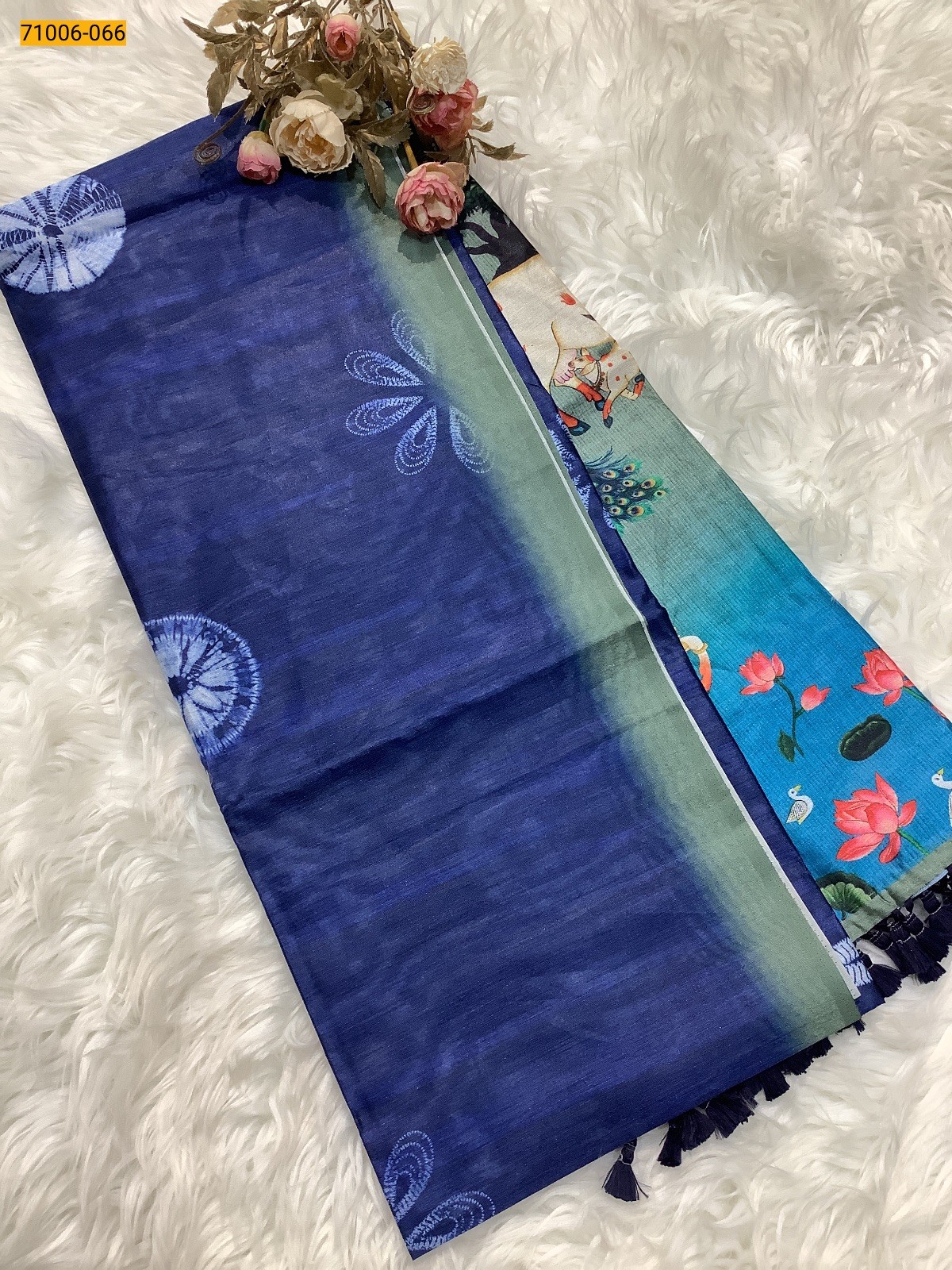 Navy Blue Kalamkari Soft Linen Silk Saree