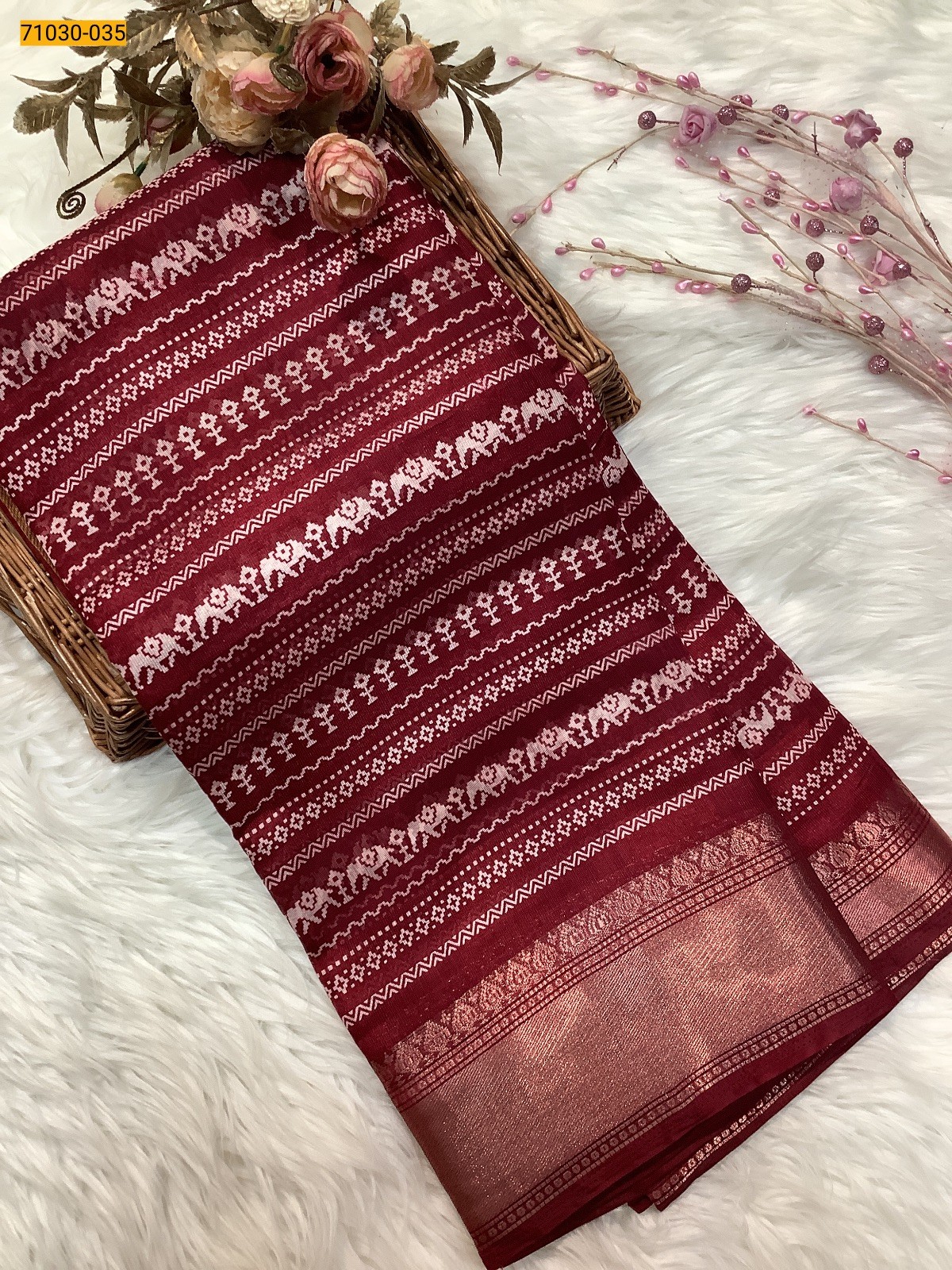 Red Digital Print Fancy Linen Cotton Saree