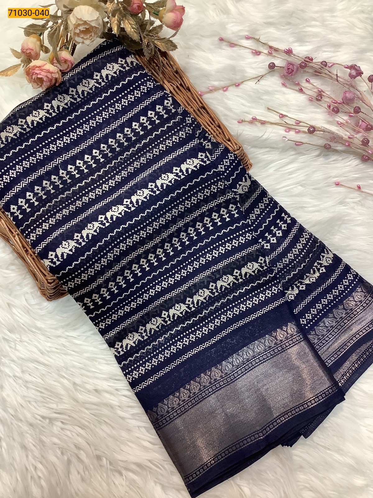 Blue Digital Print Fancy Linen Cotton Saree