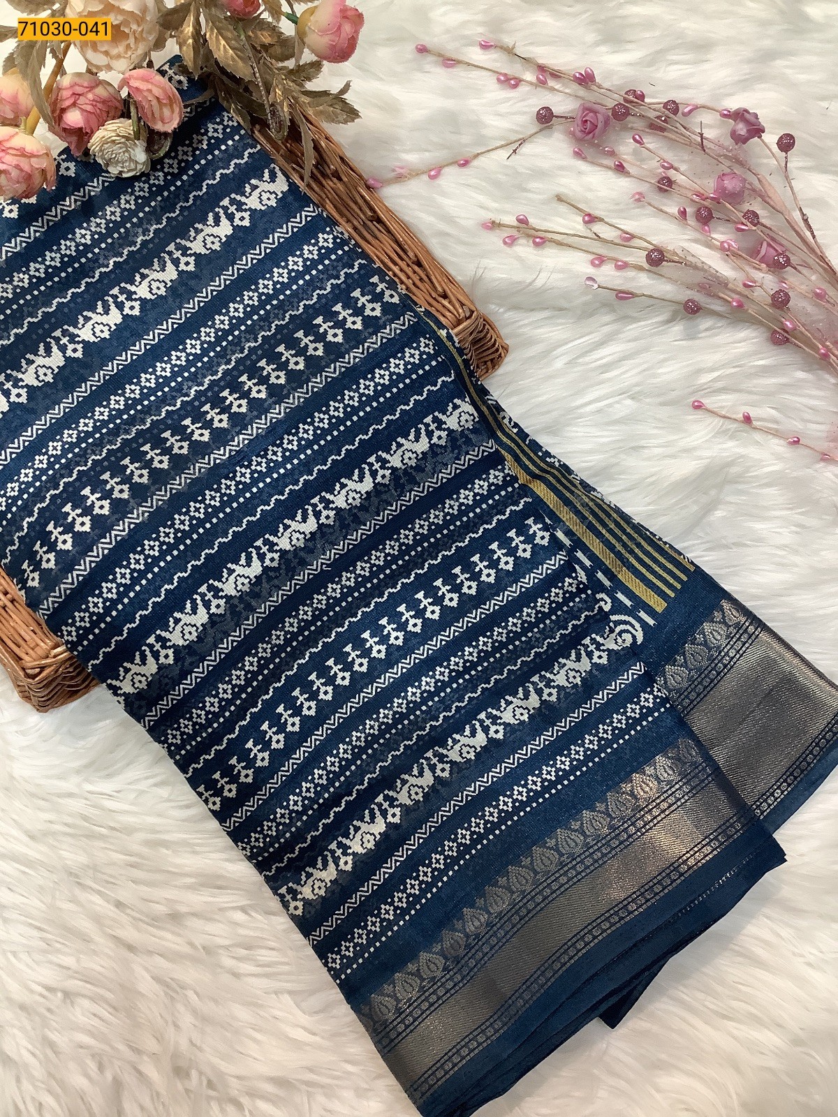 Navy Blue Digital Print Fancy Linen Cotton Saree