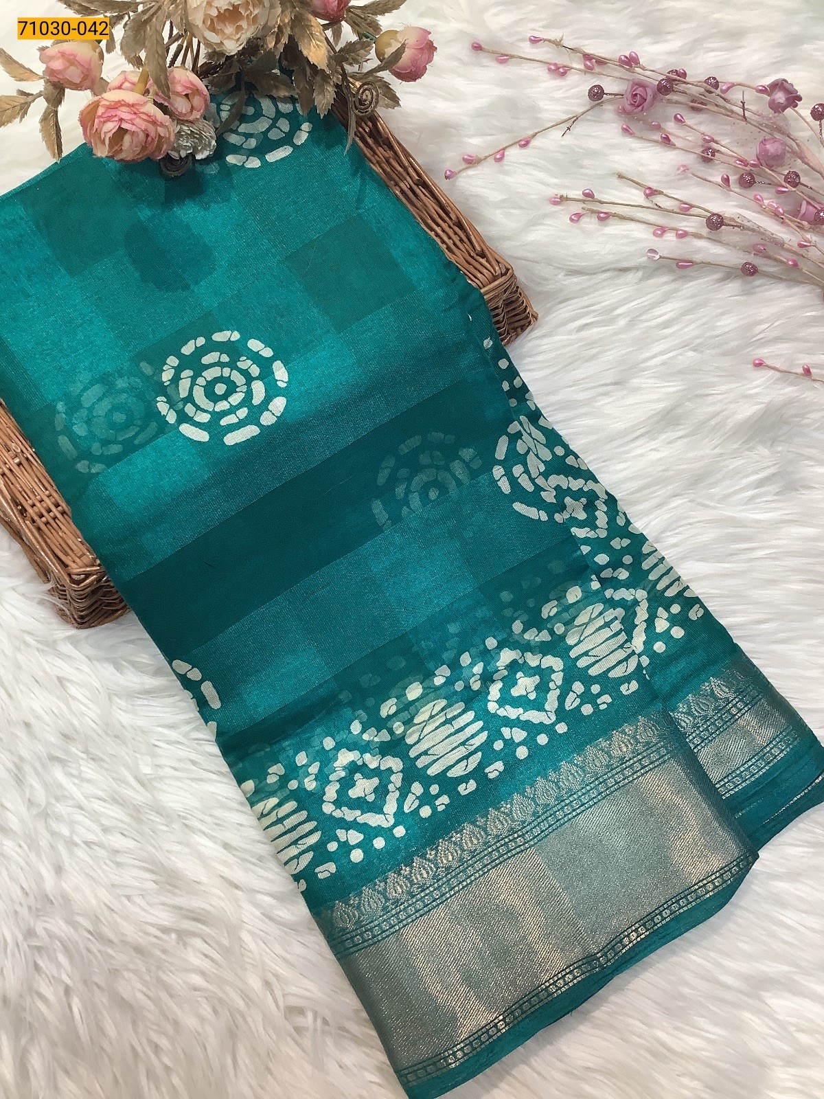 Rama Green Digital Print Fancy Linen Cotton Saree