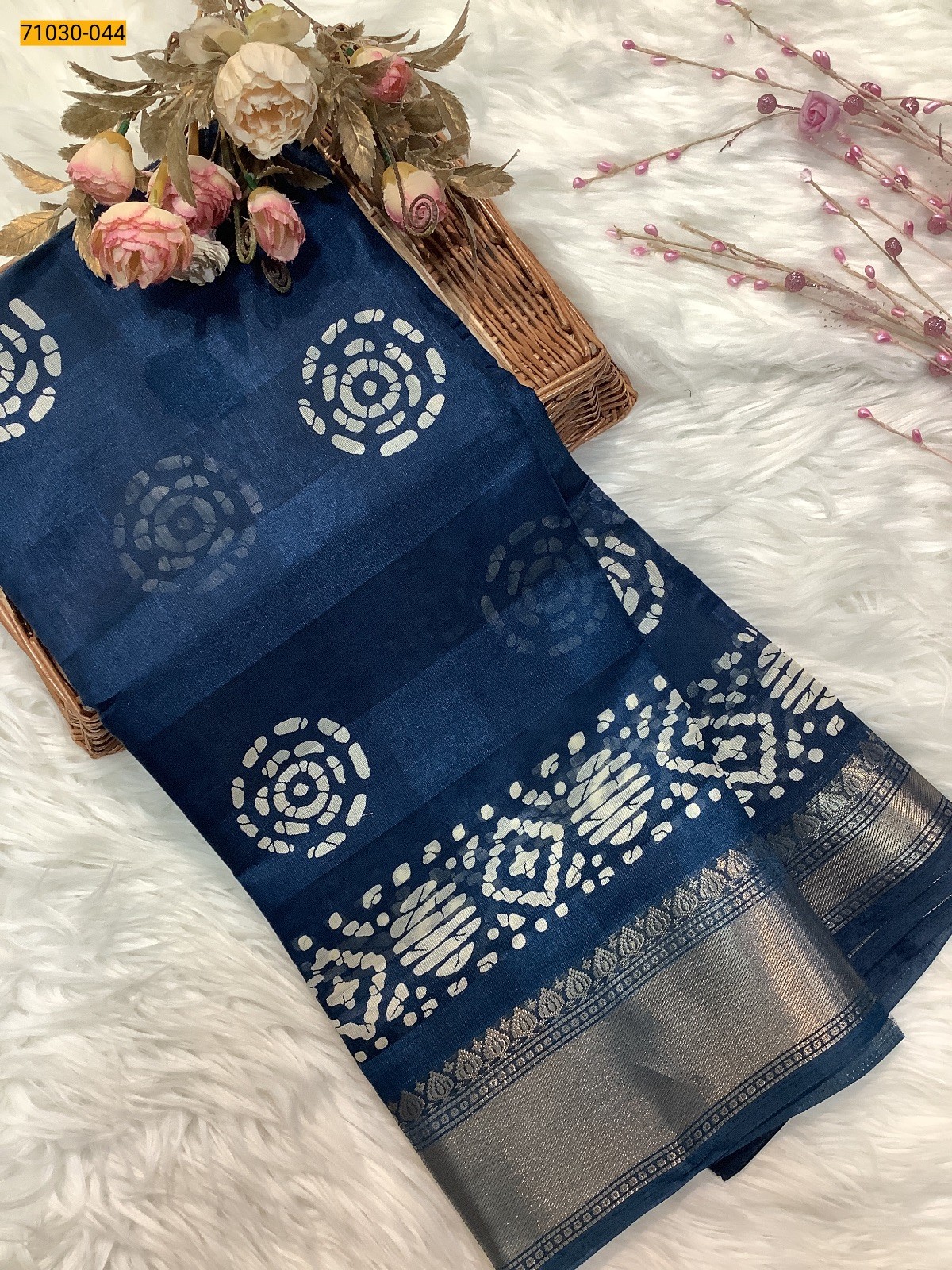 Blue Digital Print Fancy Linen Cotton Saree