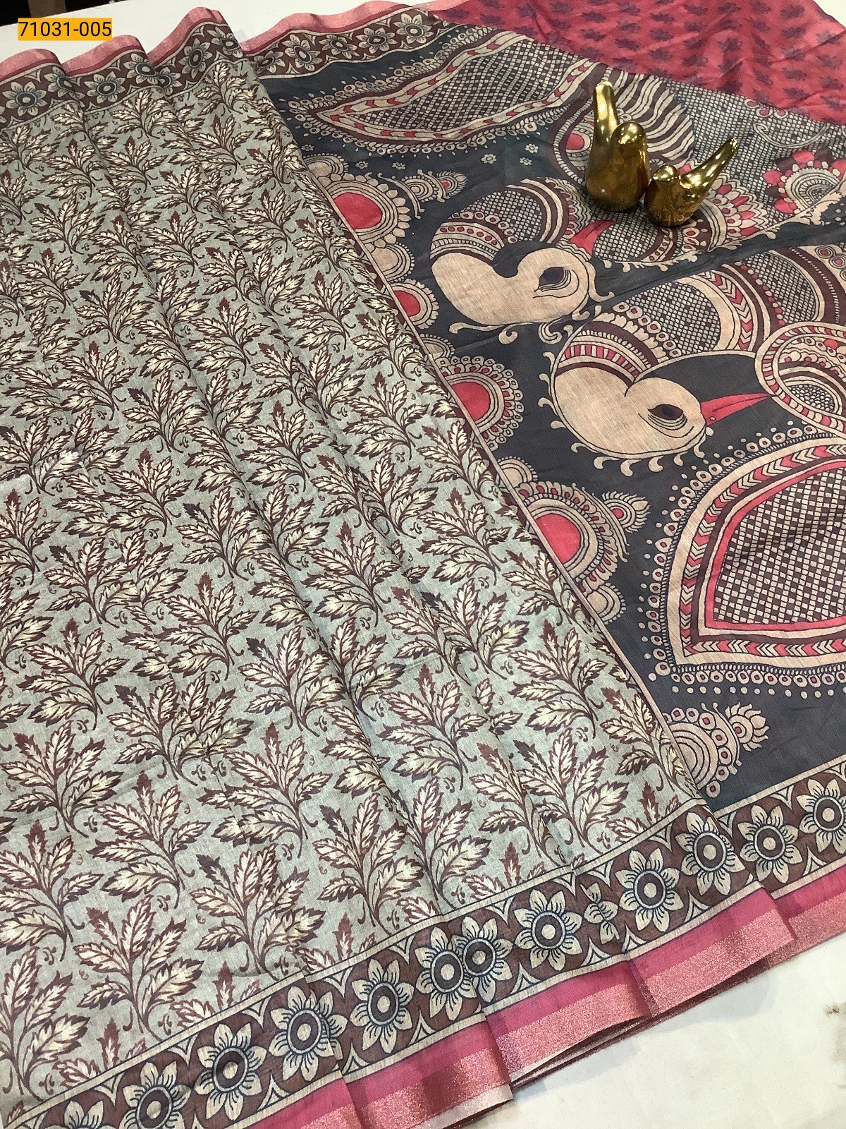 Brown Kalamkari Mor-Bagh Fancy Soft Linen Silk Saree