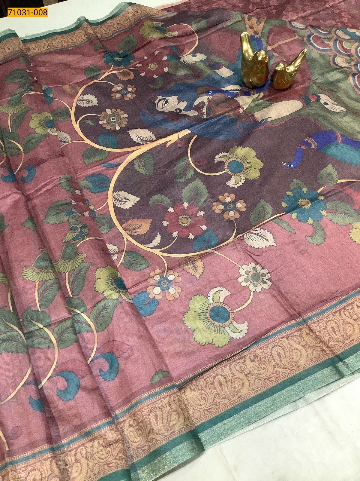 Wine Kalamkari Mor-Bagh Fancy Soft Linen Silk Saree