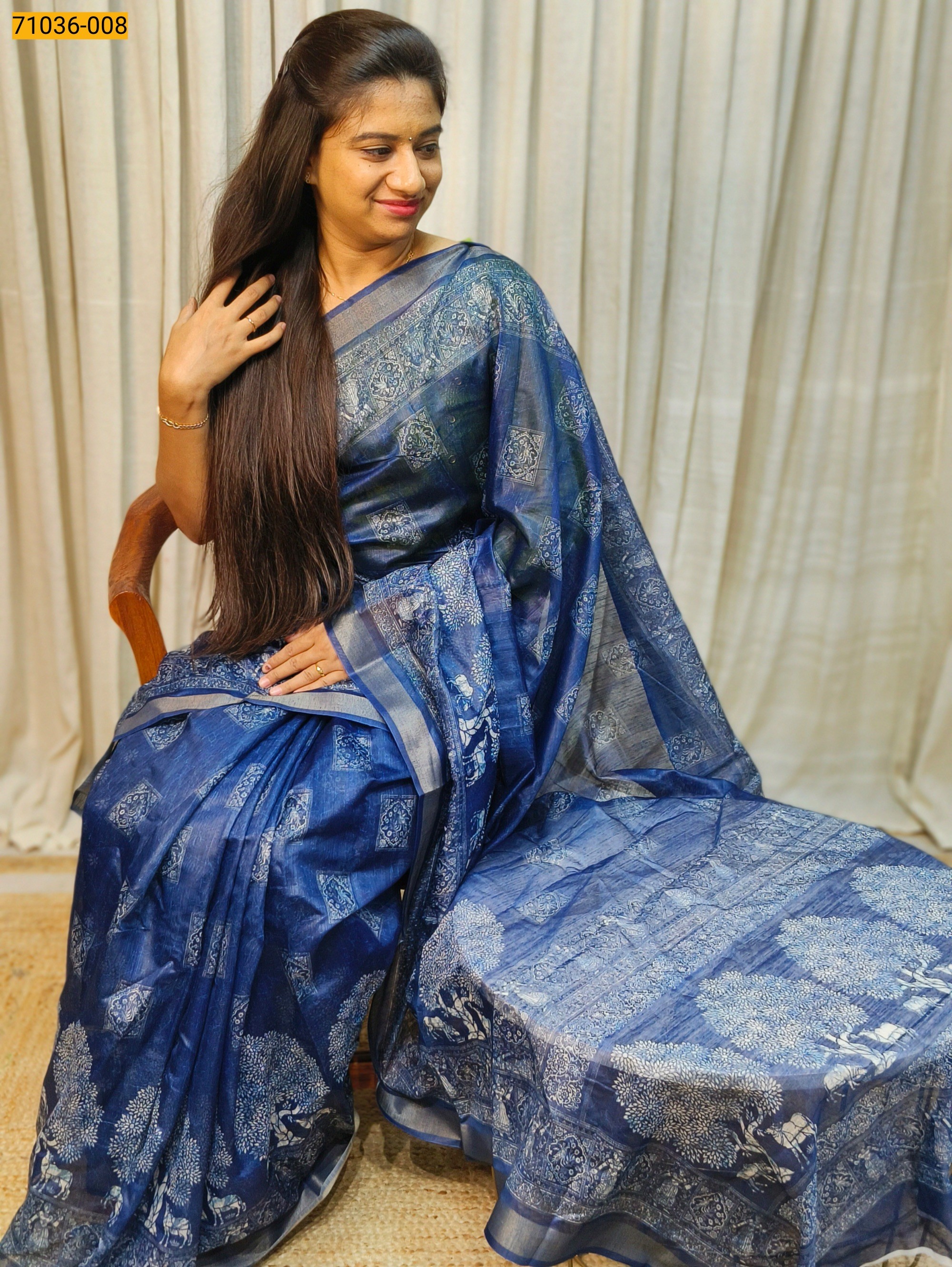 Blue Indigo Printed Fancy Linen Blend Saree