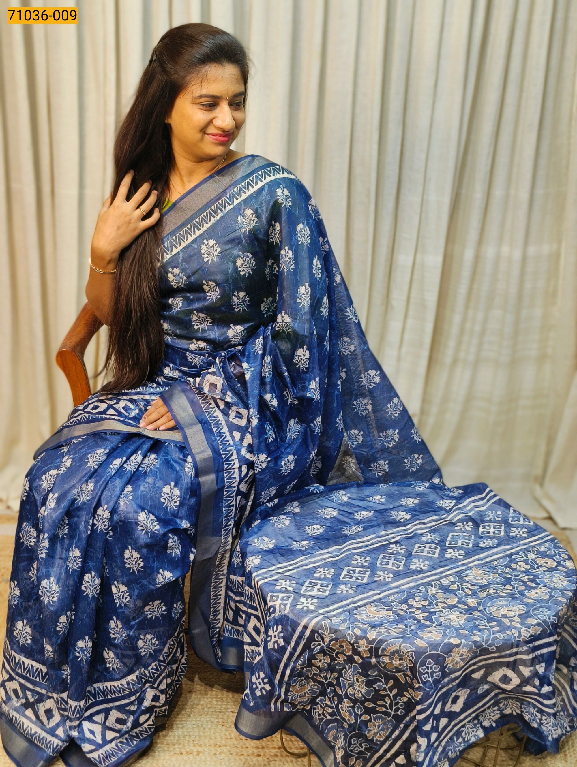 Blue Indigo Printed Fancy Linen Blend Saree