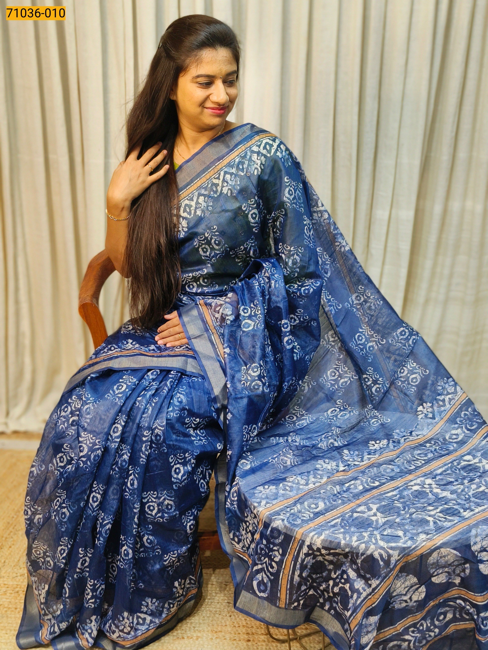 Blue Indigo Printed Fancy Linen Blend Saree