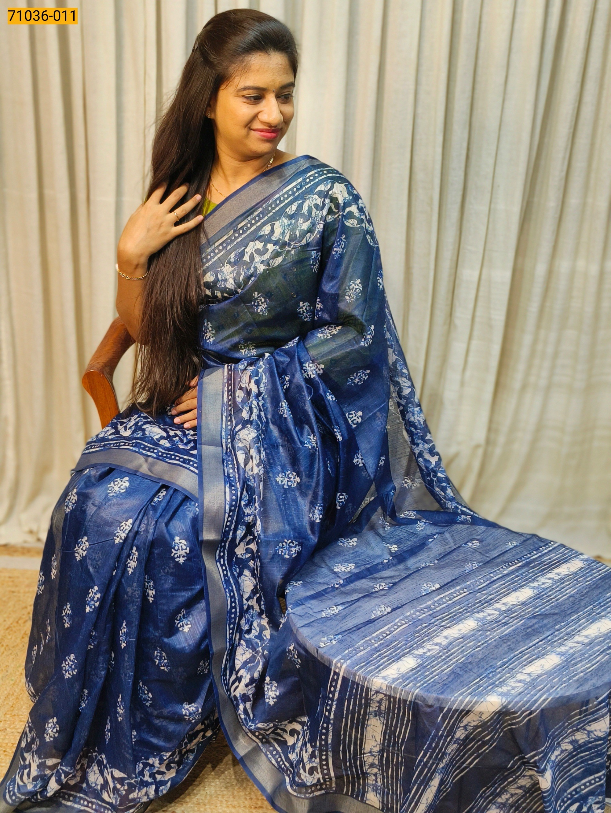 Blue Indigo Printed Fancy Linen Blend Saree