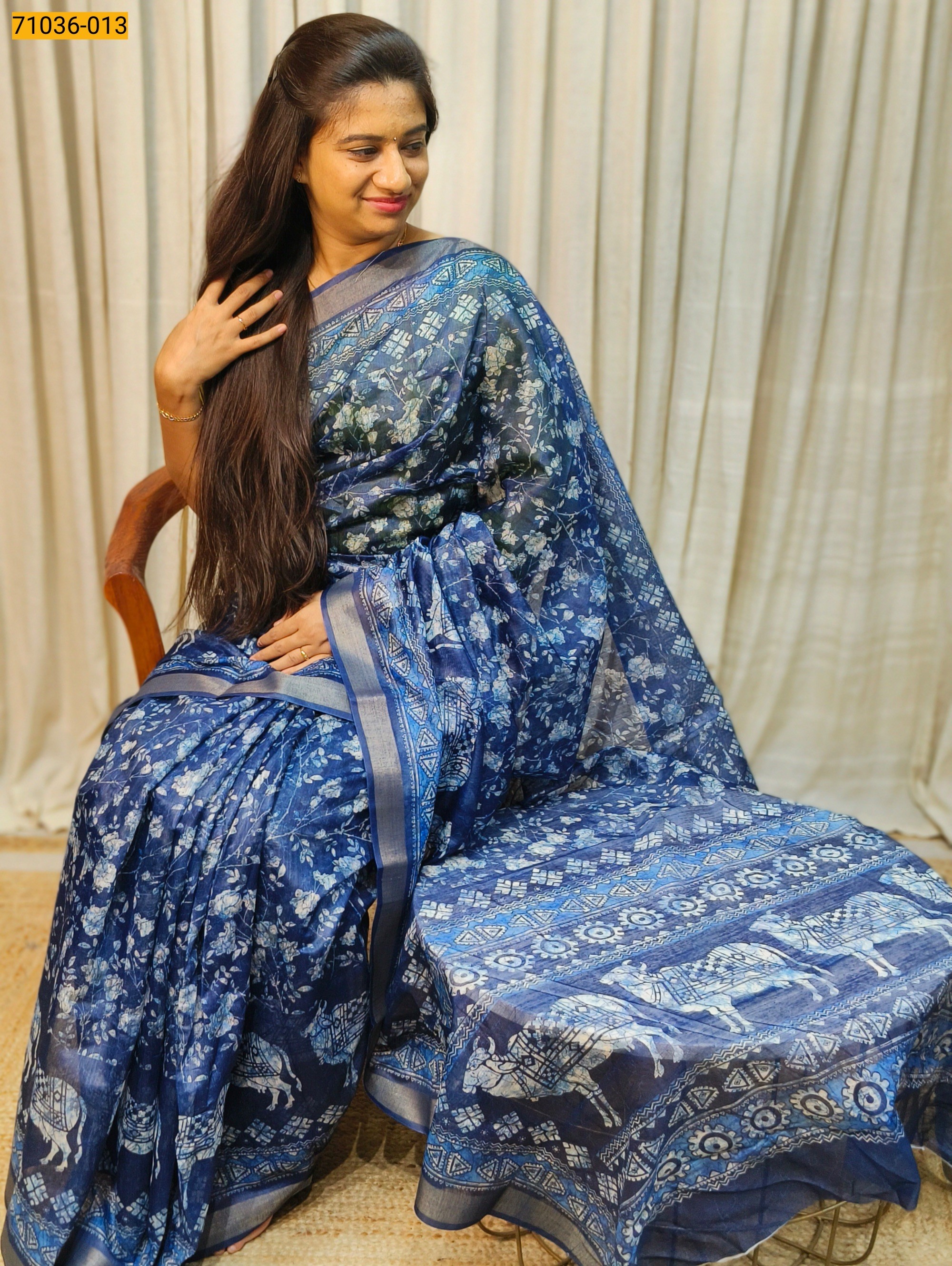 Blue Indigo Printed Fancy Linen Blend Saree