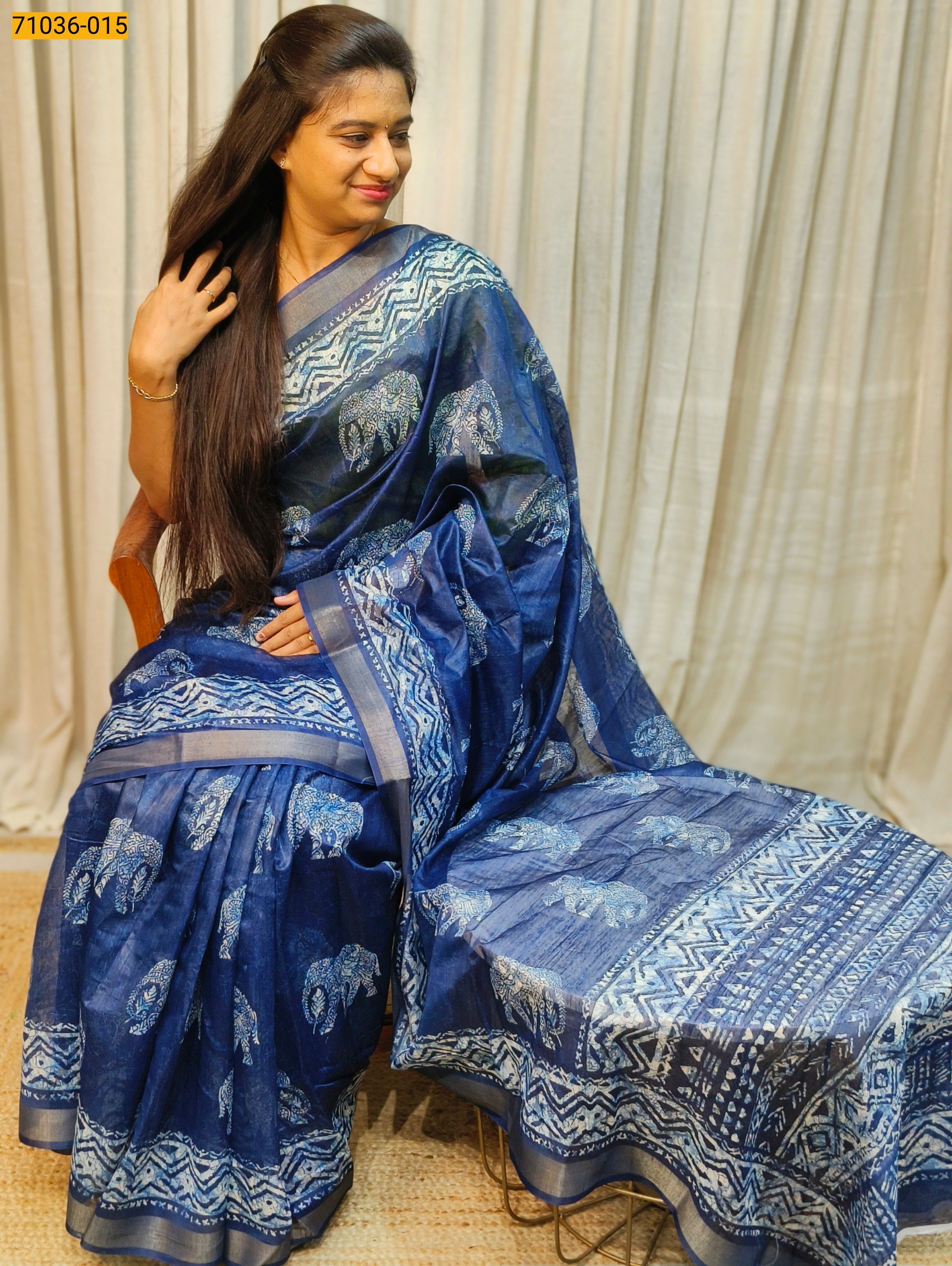 Blue Indigo Printed Fancy Linen Blend Saree