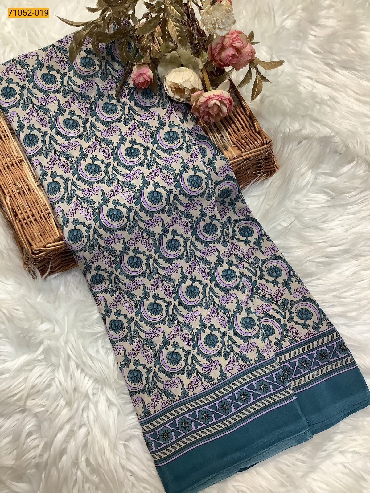 Cream With Blue Premium Jasmine Crepe Silk Saree