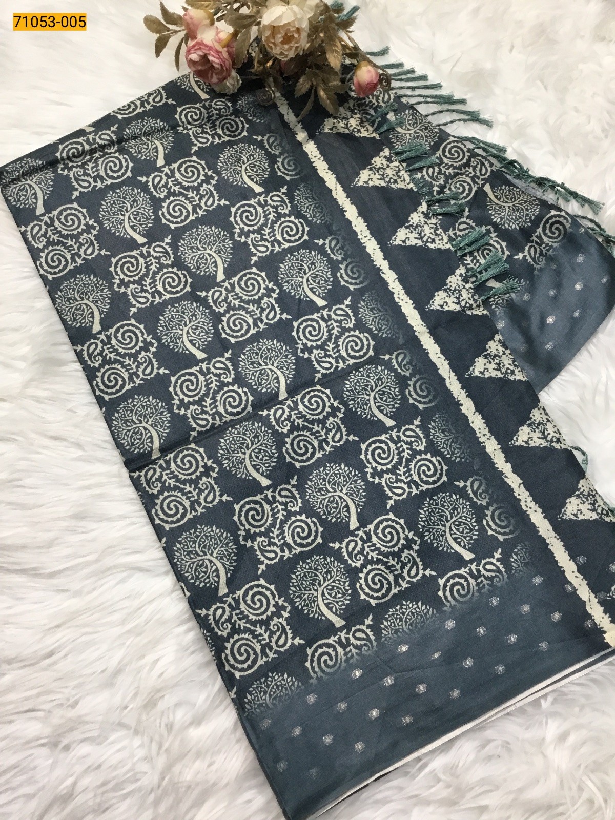 Grayish Blue Printed Soft Fancy Linen Silk Saree