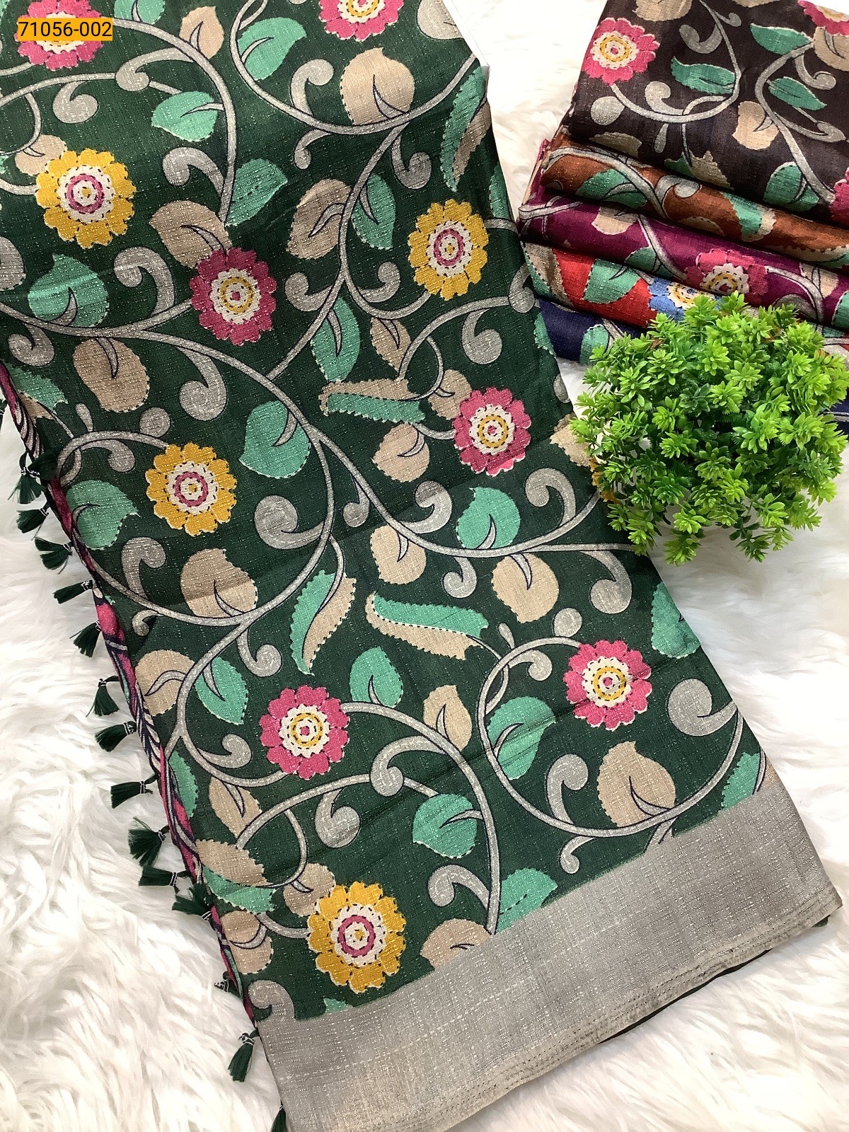 Green Printed Fancy Mulmul Linen Silk Saree