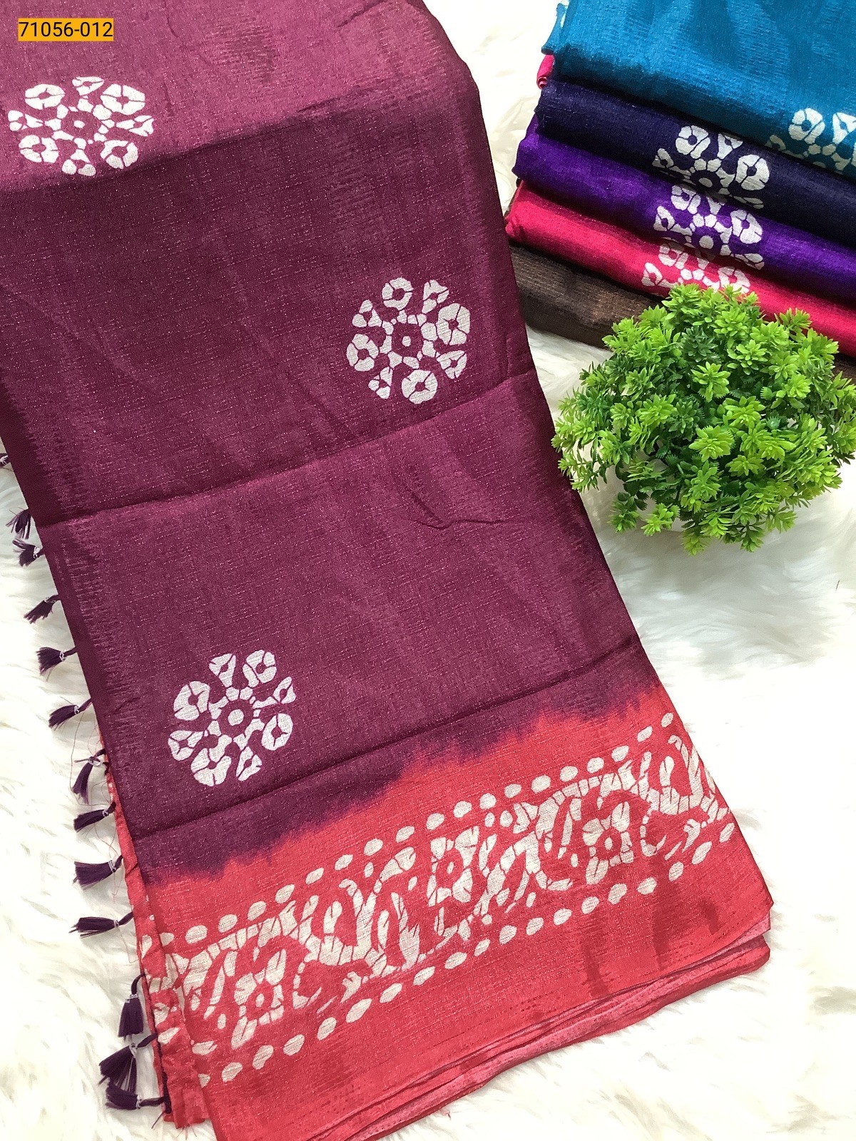 Wine Printed Fancy Mulmul Linen Silk Saree