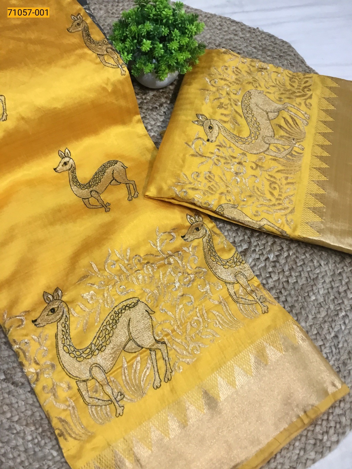 Yellow Designer Tussar Silk Embroidered Saree