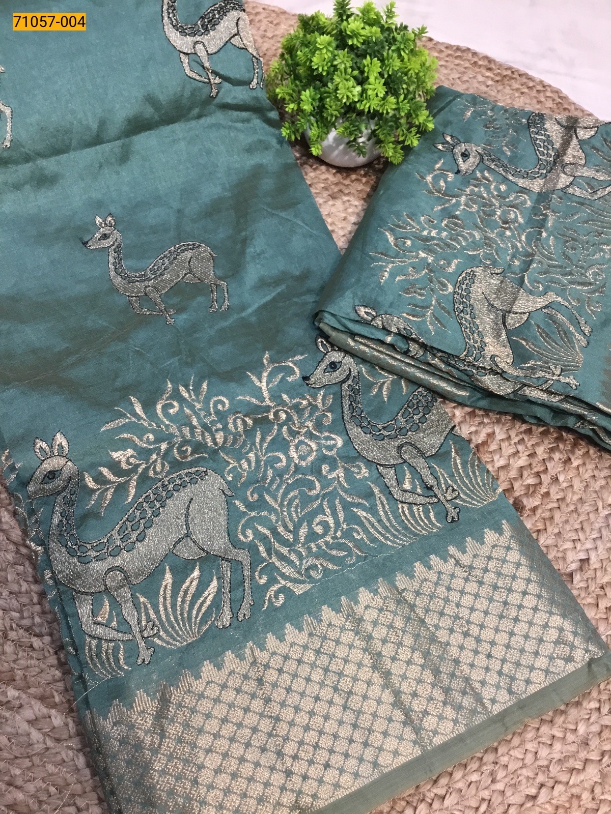 Green Designer Tussar Silk Embroidered Saree