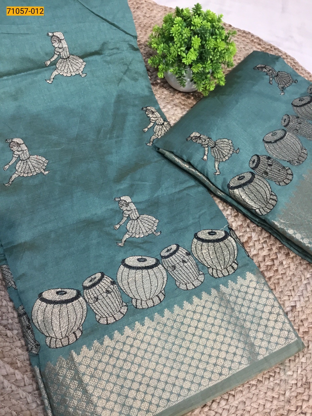 Green Designer Tussar Silk Embroidered Saree