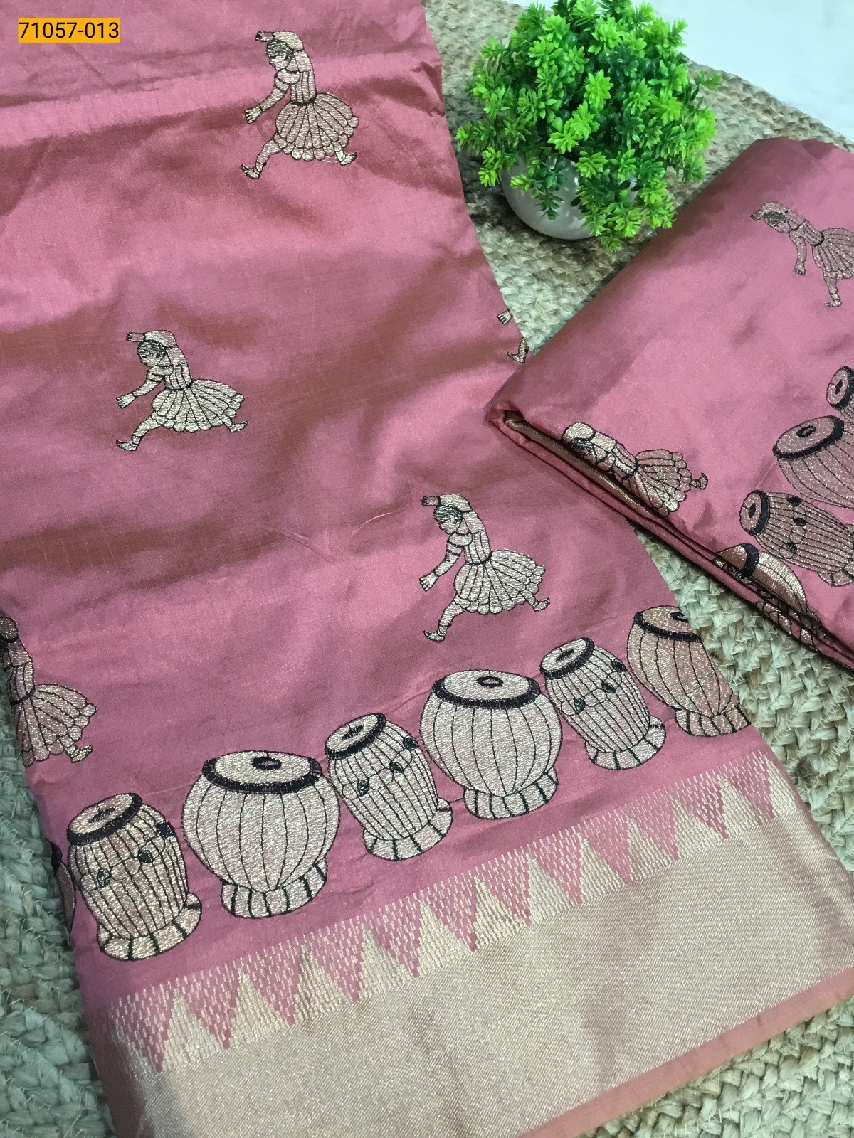 Peach Designer Tussar Silk Embroidered Saree