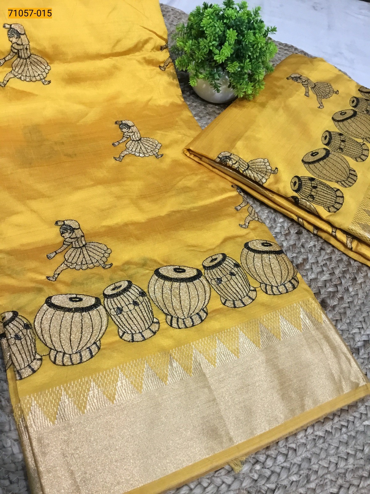 Yellow Designer Tussar Silk Embroidered Saree