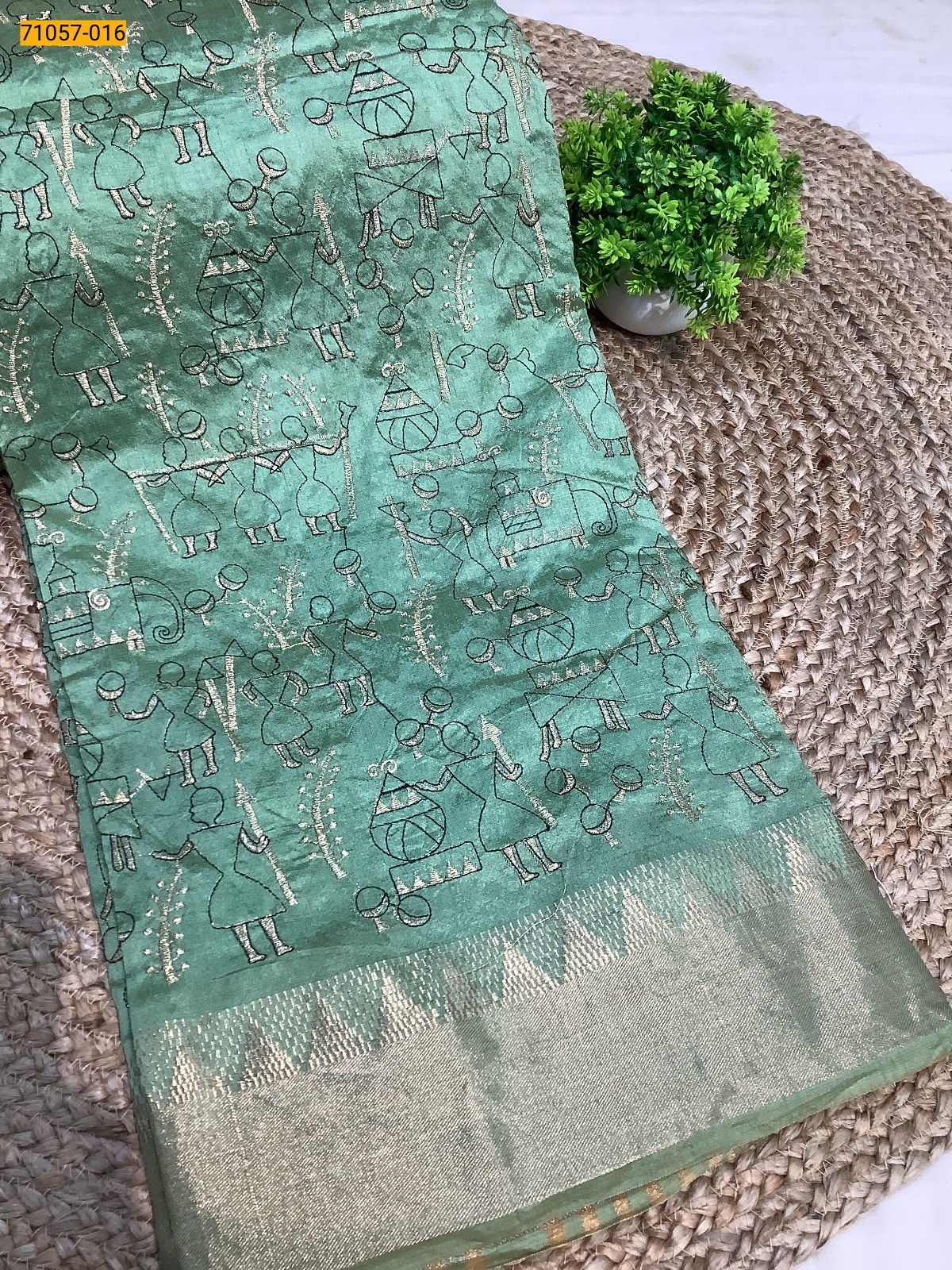 Green Designer Tussar Silk Embroidered Saree