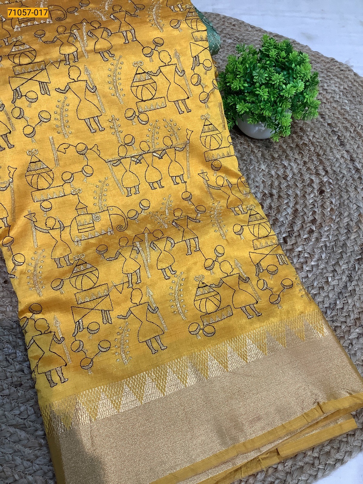 Yellow Designer Tussar Silk Embroidered Saree