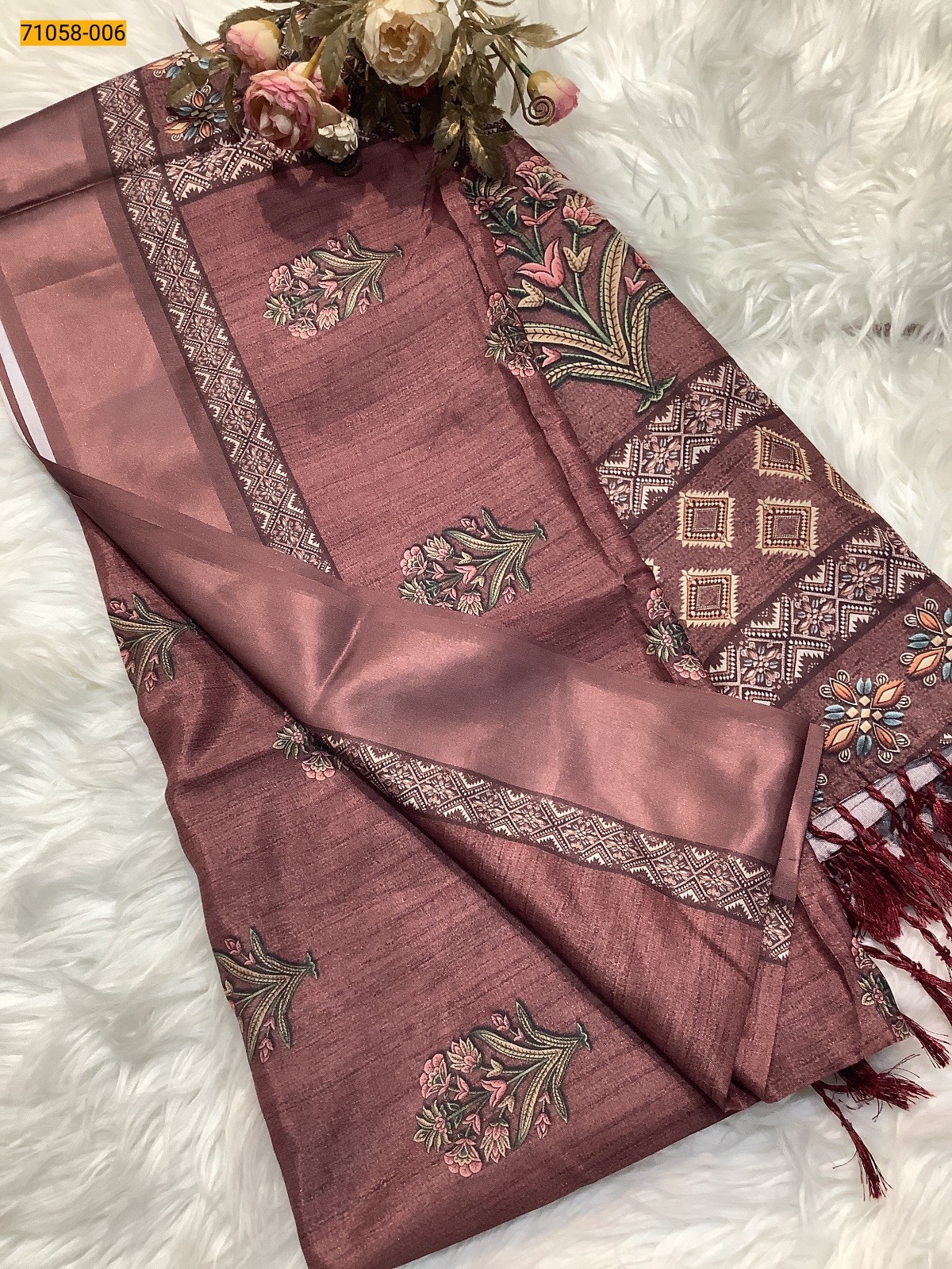 Brown Digital Printed Panghat Fancy Chanderi Silk Saree