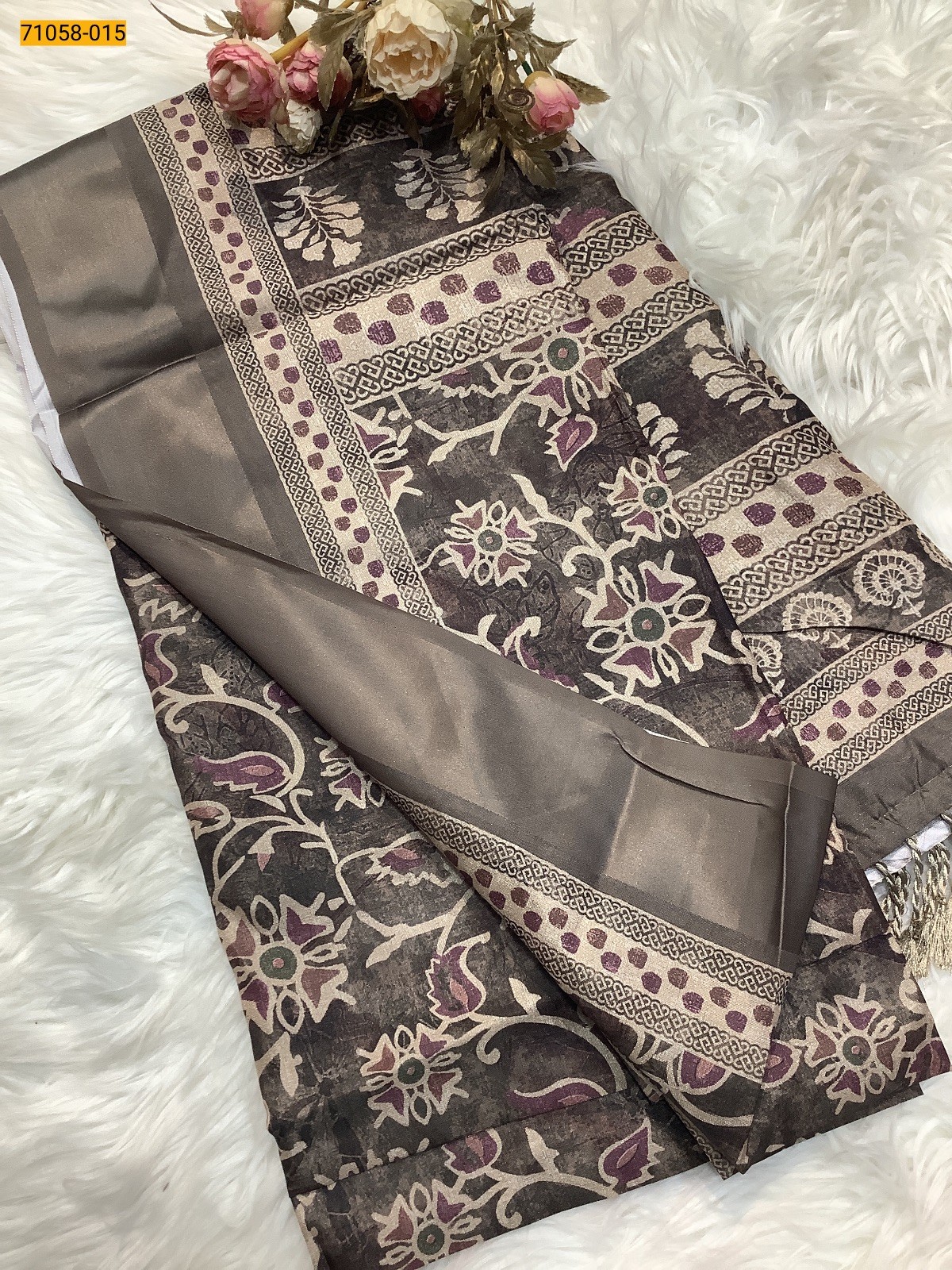 Brown Digital Printed Panghat Fancy Chanderi Silk Saree