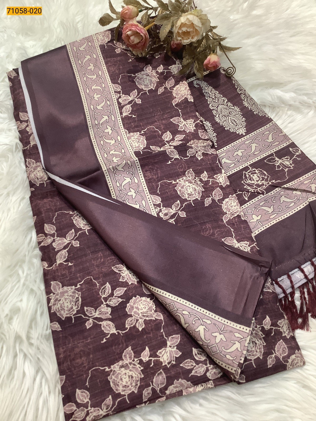 Wine Digital Printed Panghat Fancy Chanderi Silk Saree