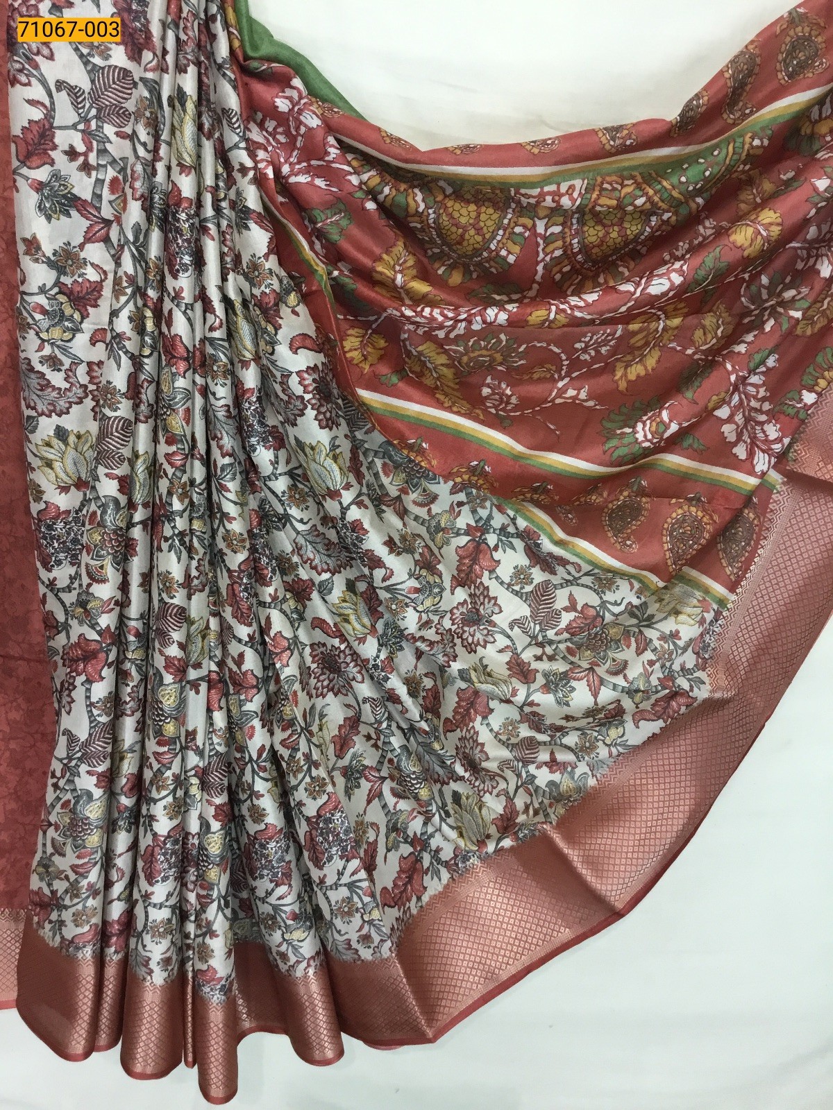 Creamy With peach Fancy choco silk printed sarees