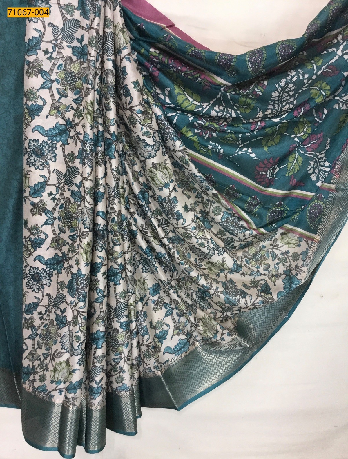 Creamy With Blue Fancy choco silk printed sarees