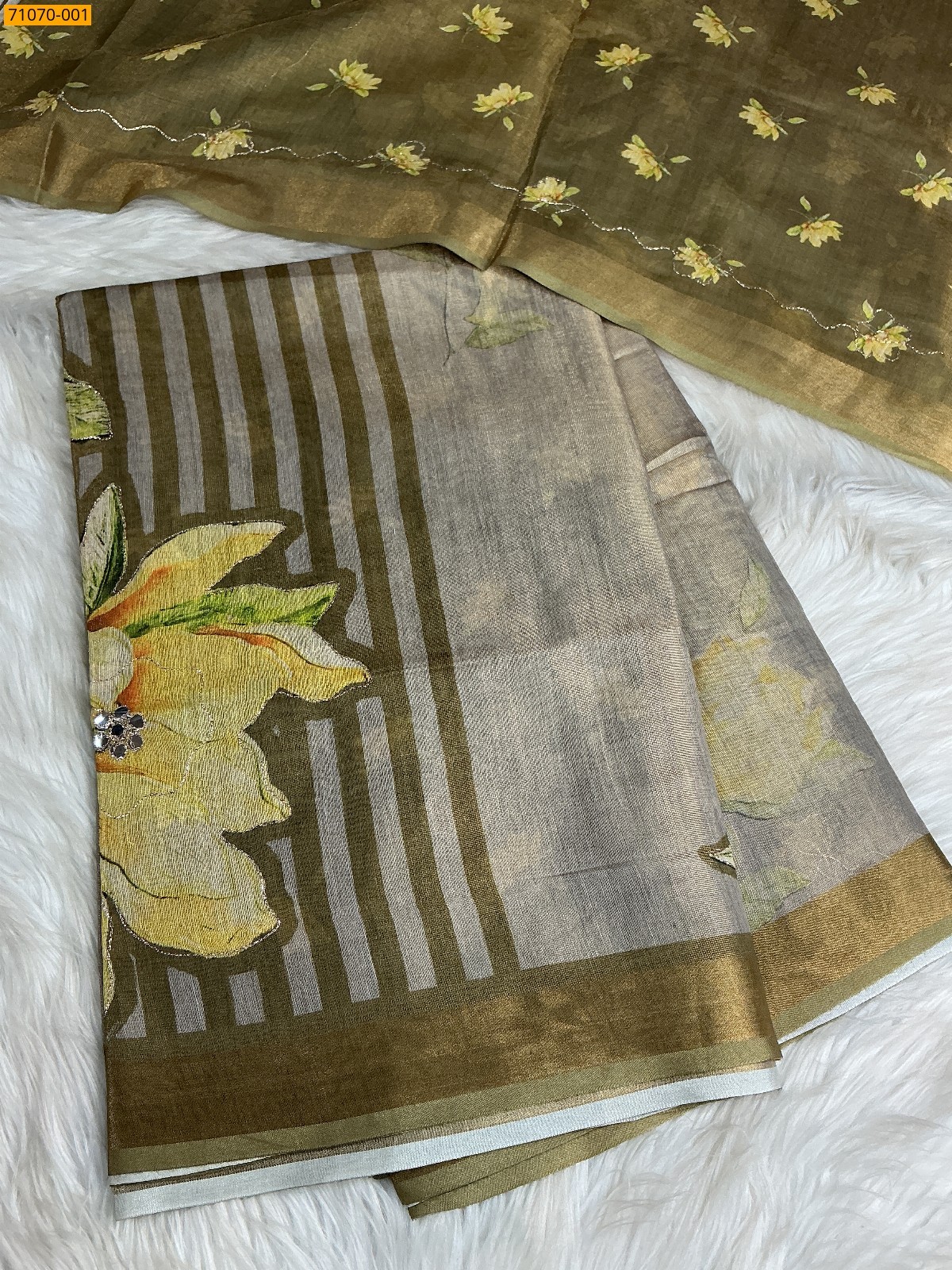 Grey Linen Tissue silk digital printed sarees