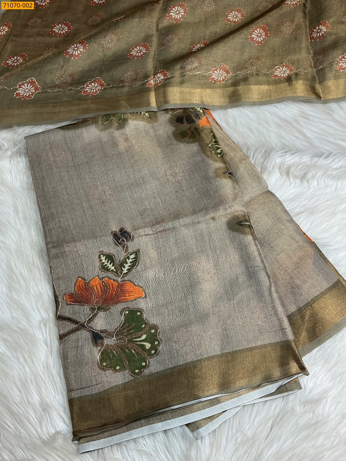 Grey Linen Tissue silk digital printed sarees